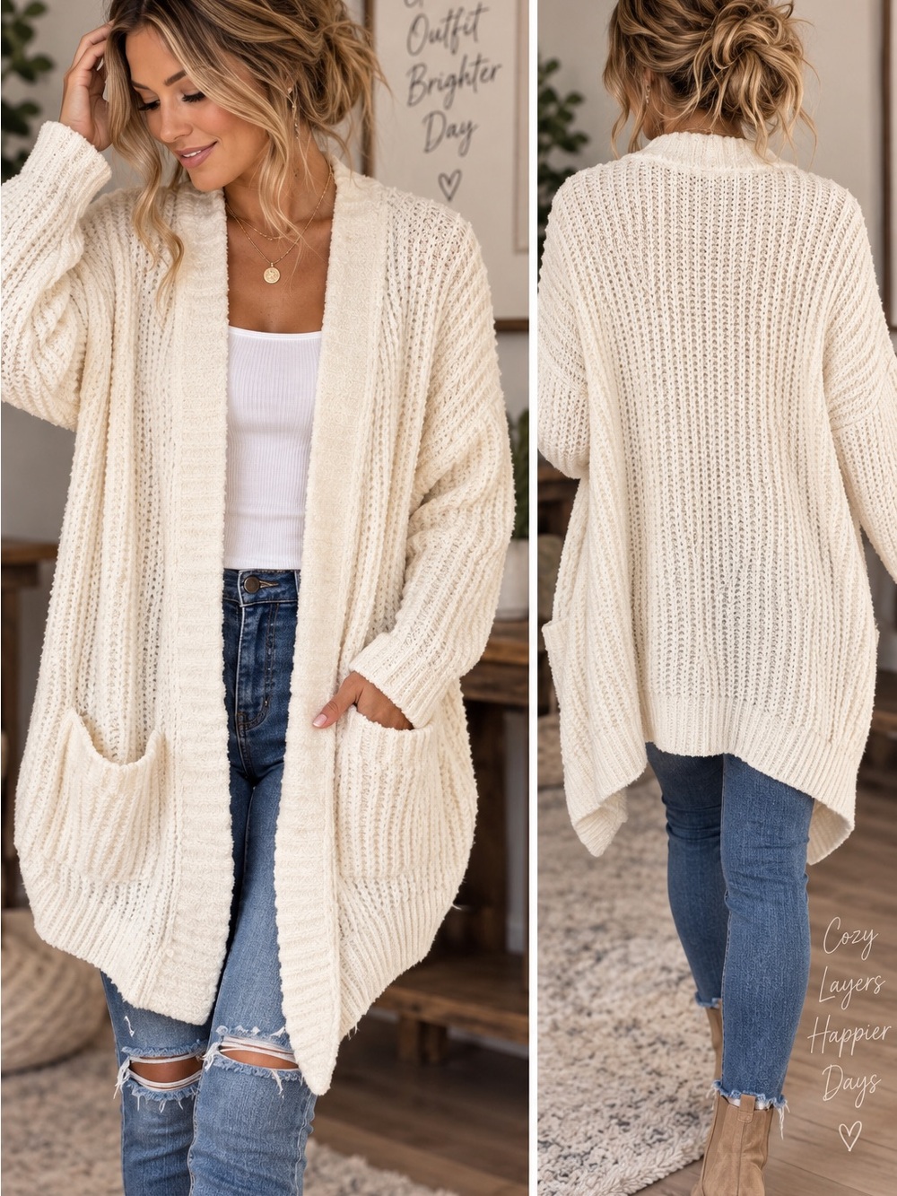 Express Cream Open-Front Chunky Knit Cardigan